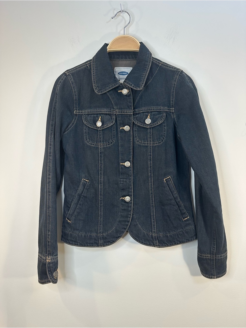 EUC Vintage Old Navy Denim Jean Jacket Curved Hem Button Down XS Dark Wash